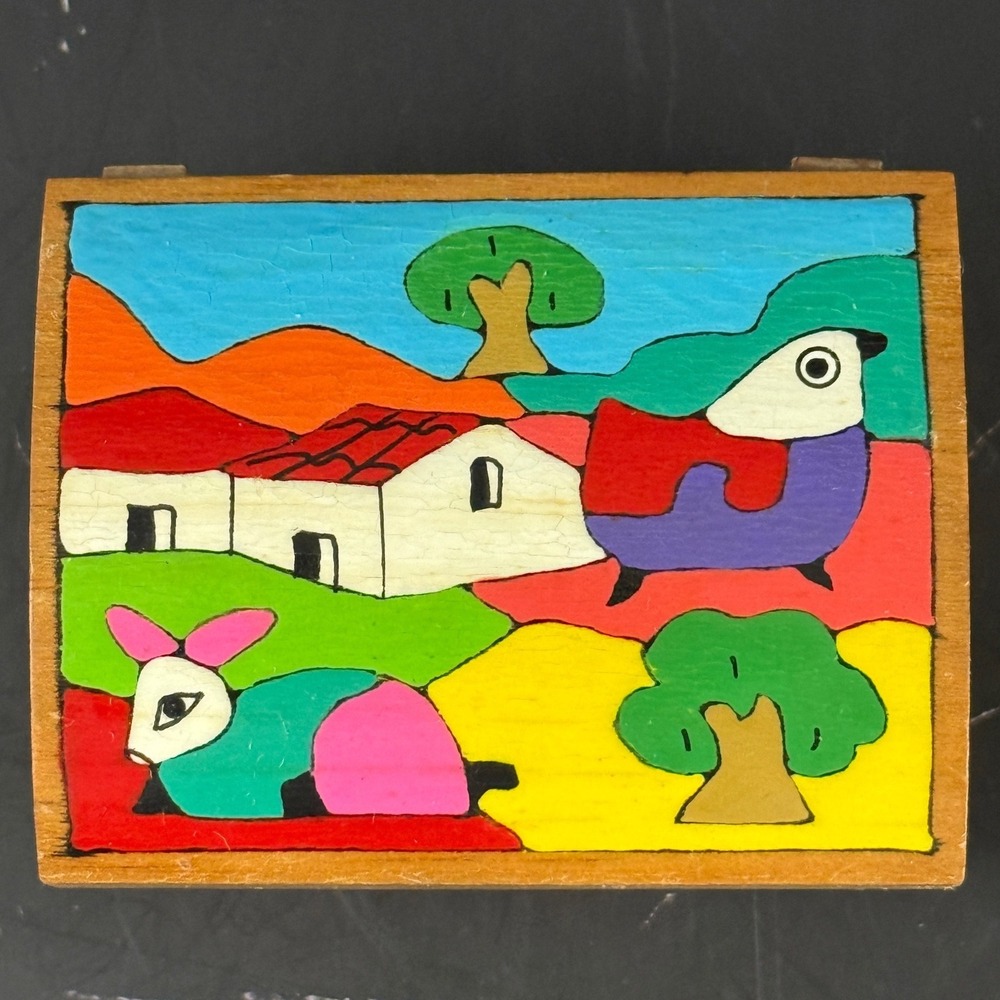 Vintage Hand Painted Mini Wooden Folk Art Trinket Box La Palma El Salvador EUC‎